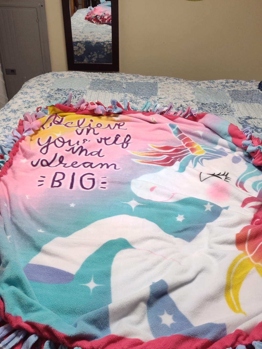 Unicorn 'Believe & Dream Big' Fleece Throw Blanket - Pink Teal